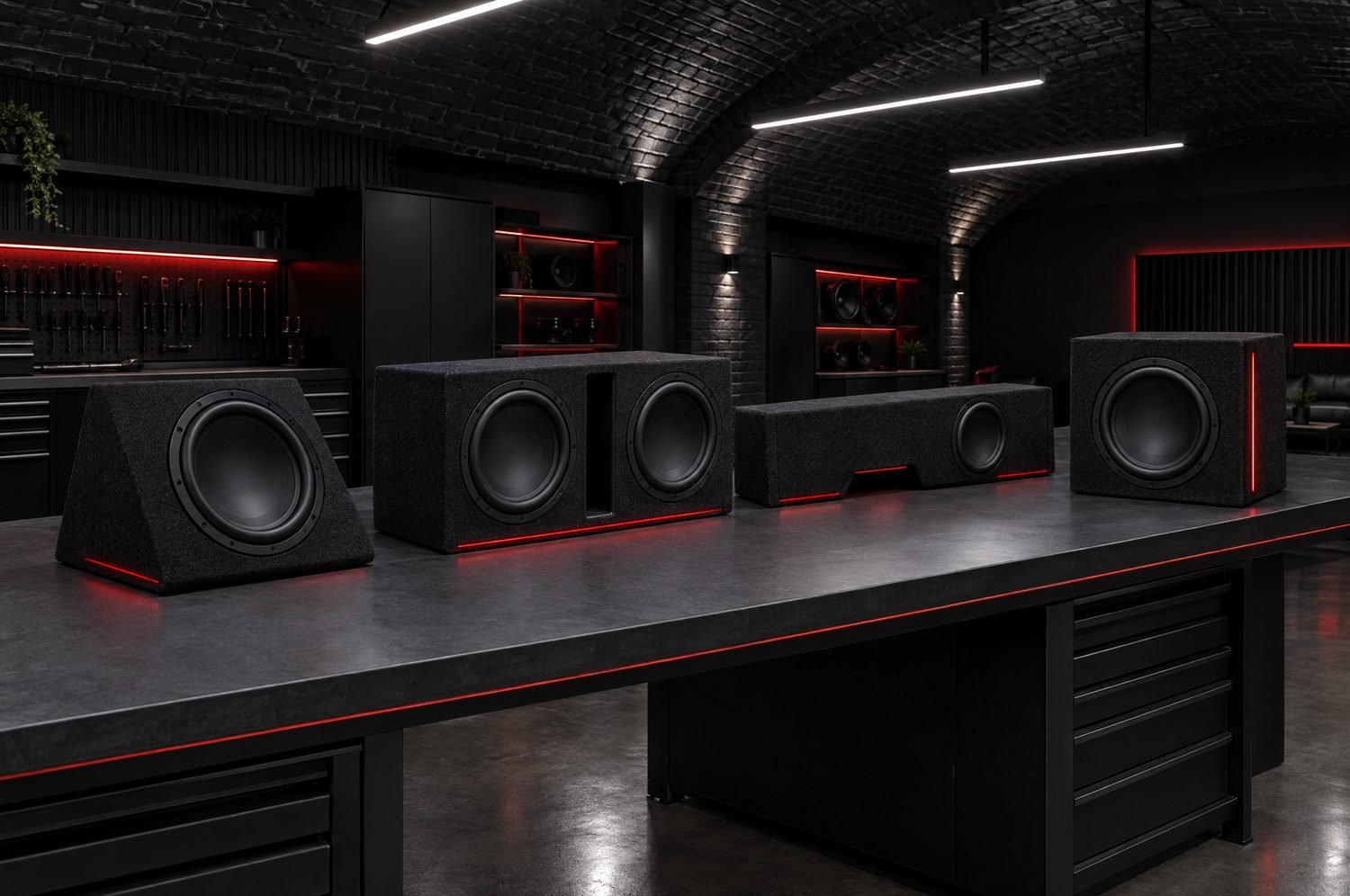 Sealed, ported, wedge and behind-seat sub boxes lined up on a bench