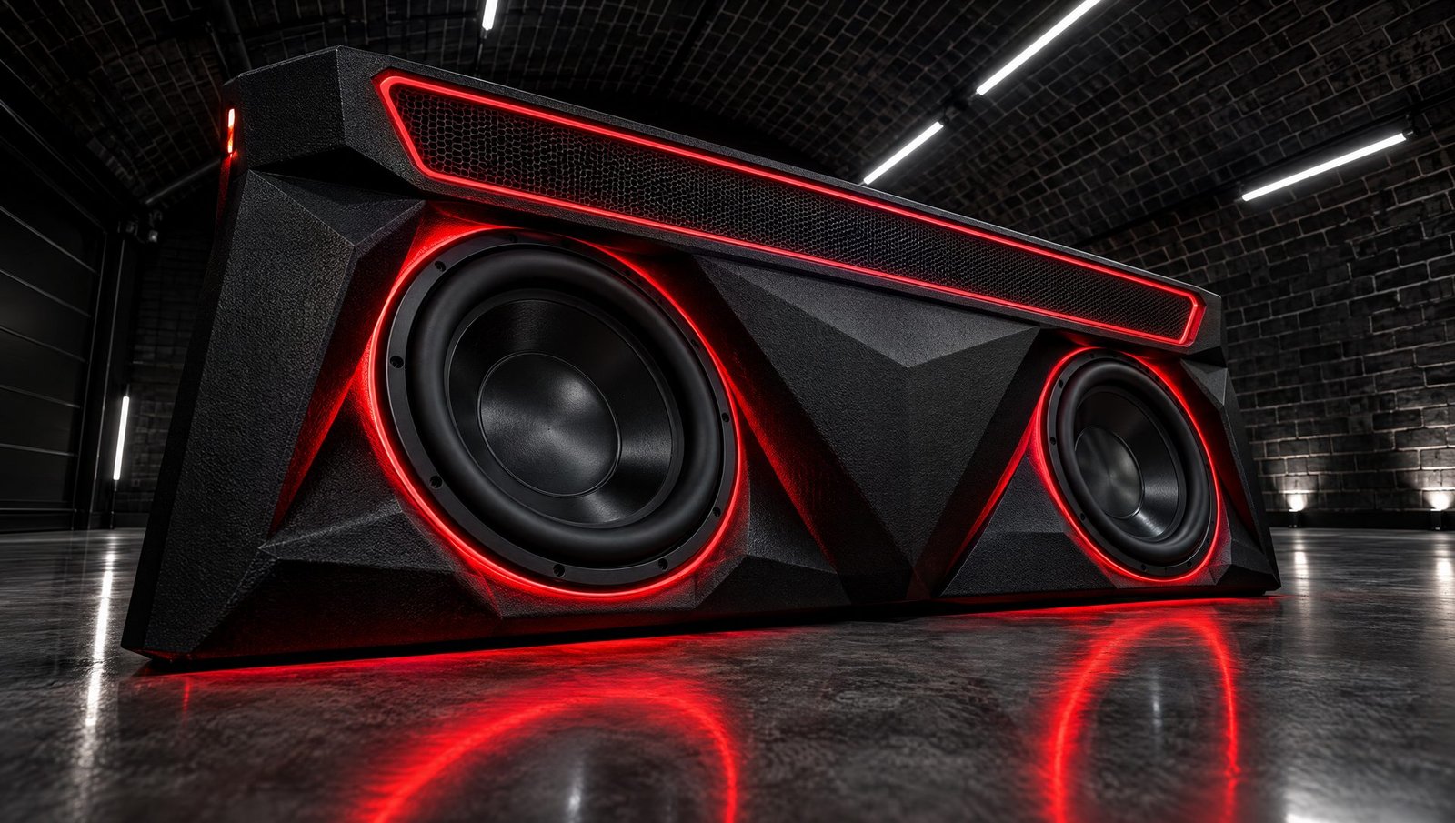Sculpted custom subwoofer enclosure glowing red in a dark studio