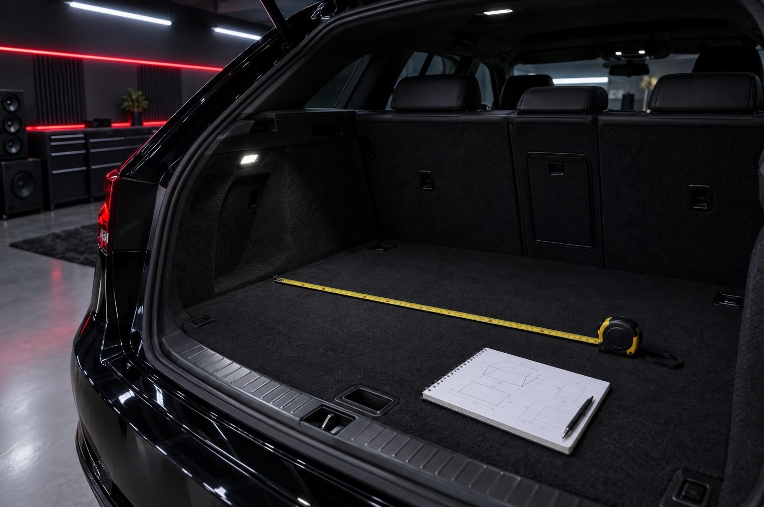 Tape measure across an empty trunk floor before a custom box