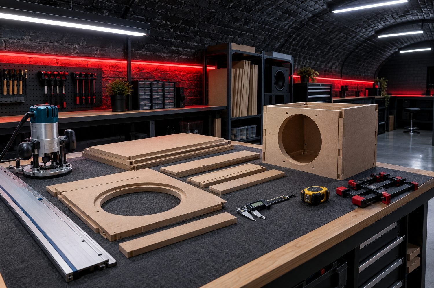 Cut MDF panels, router and tools on a sub box build bench