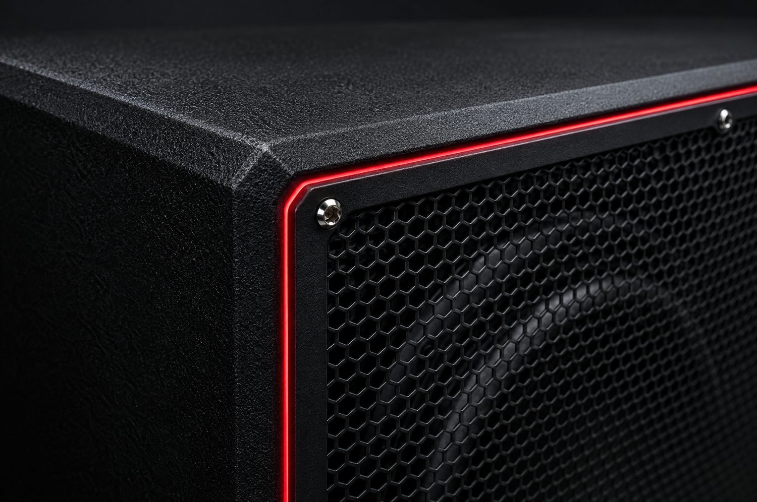 Textured black finish, mesh grille and red LED edge on a sub box