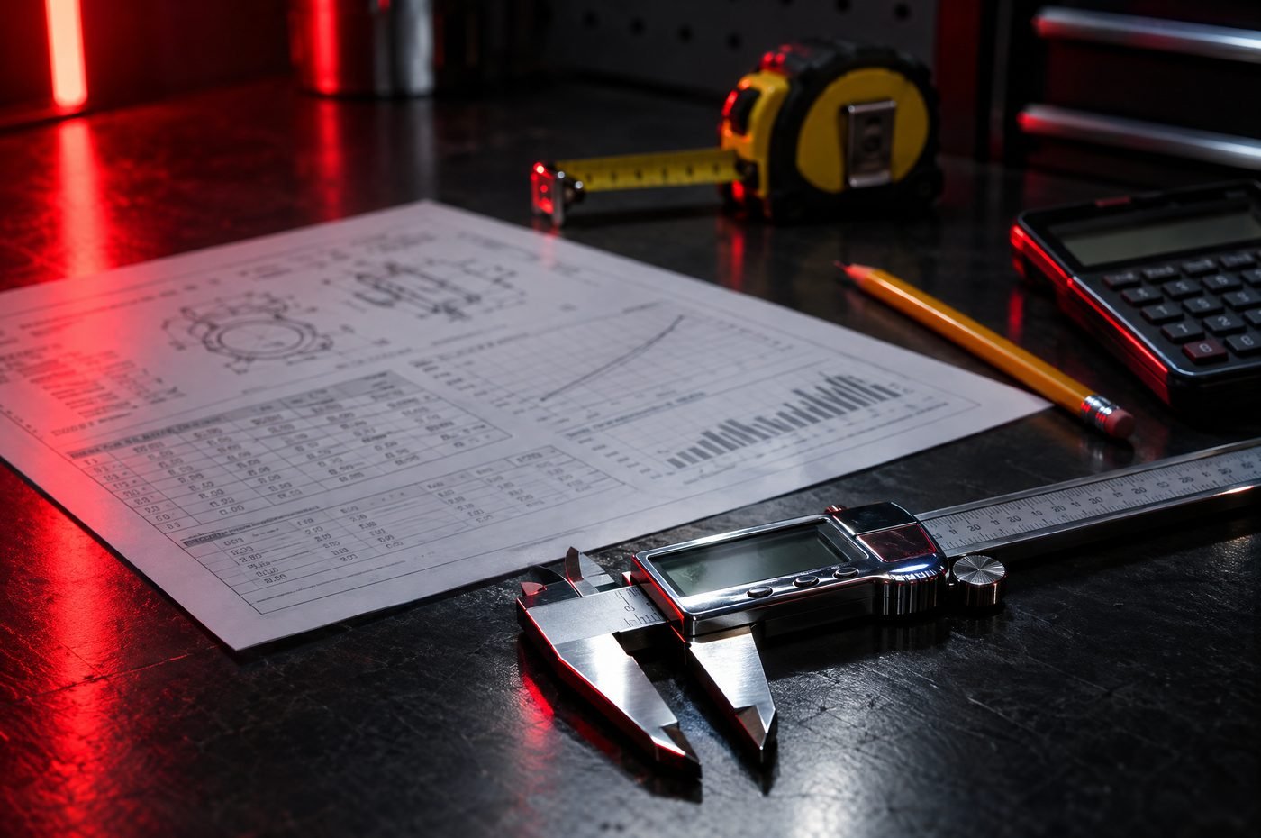 A subwoofer spec sheet on a workbench with a caliper and tape measure