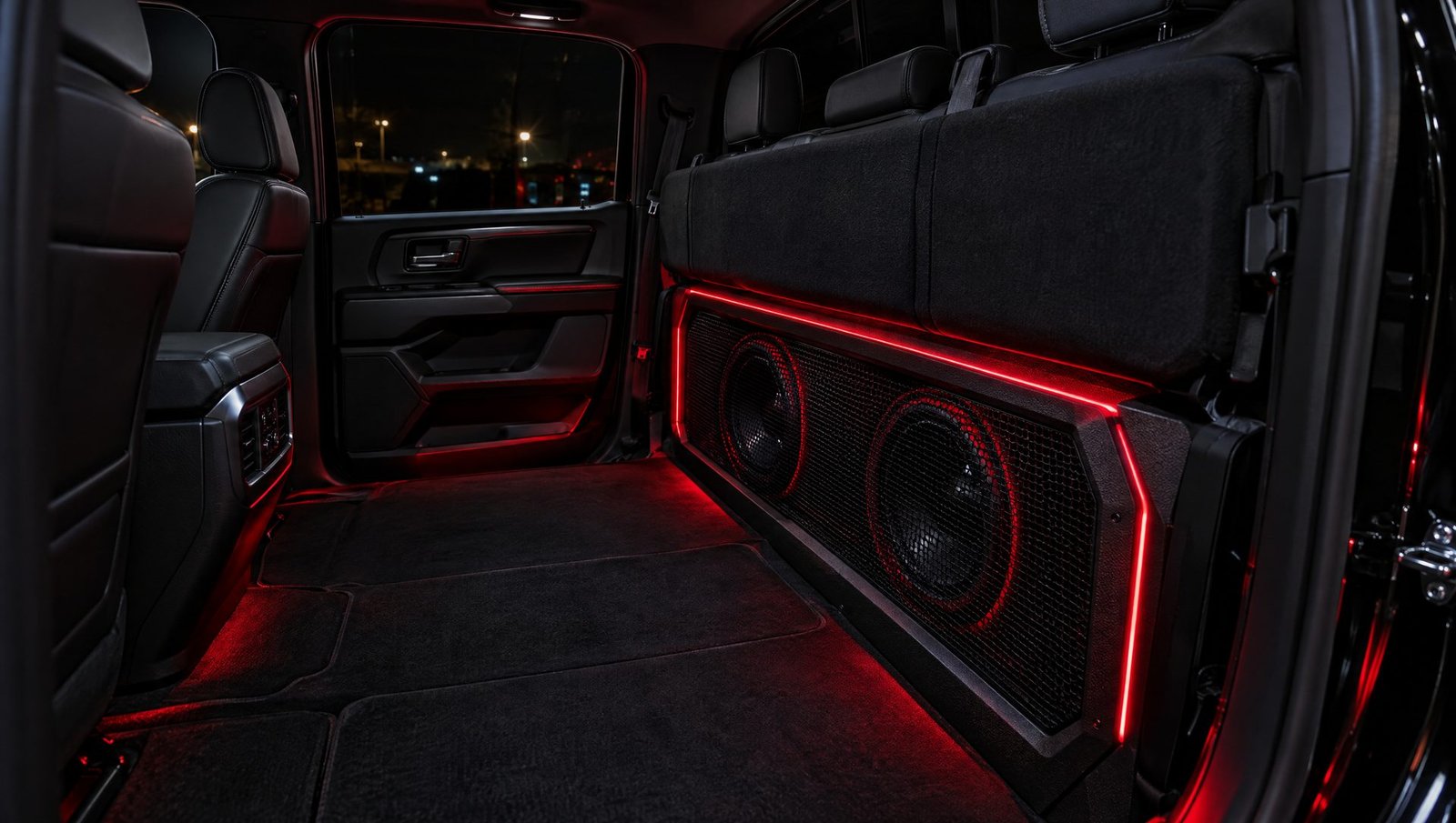 Behind-seat subwoofer box in a pickup truck crew cab