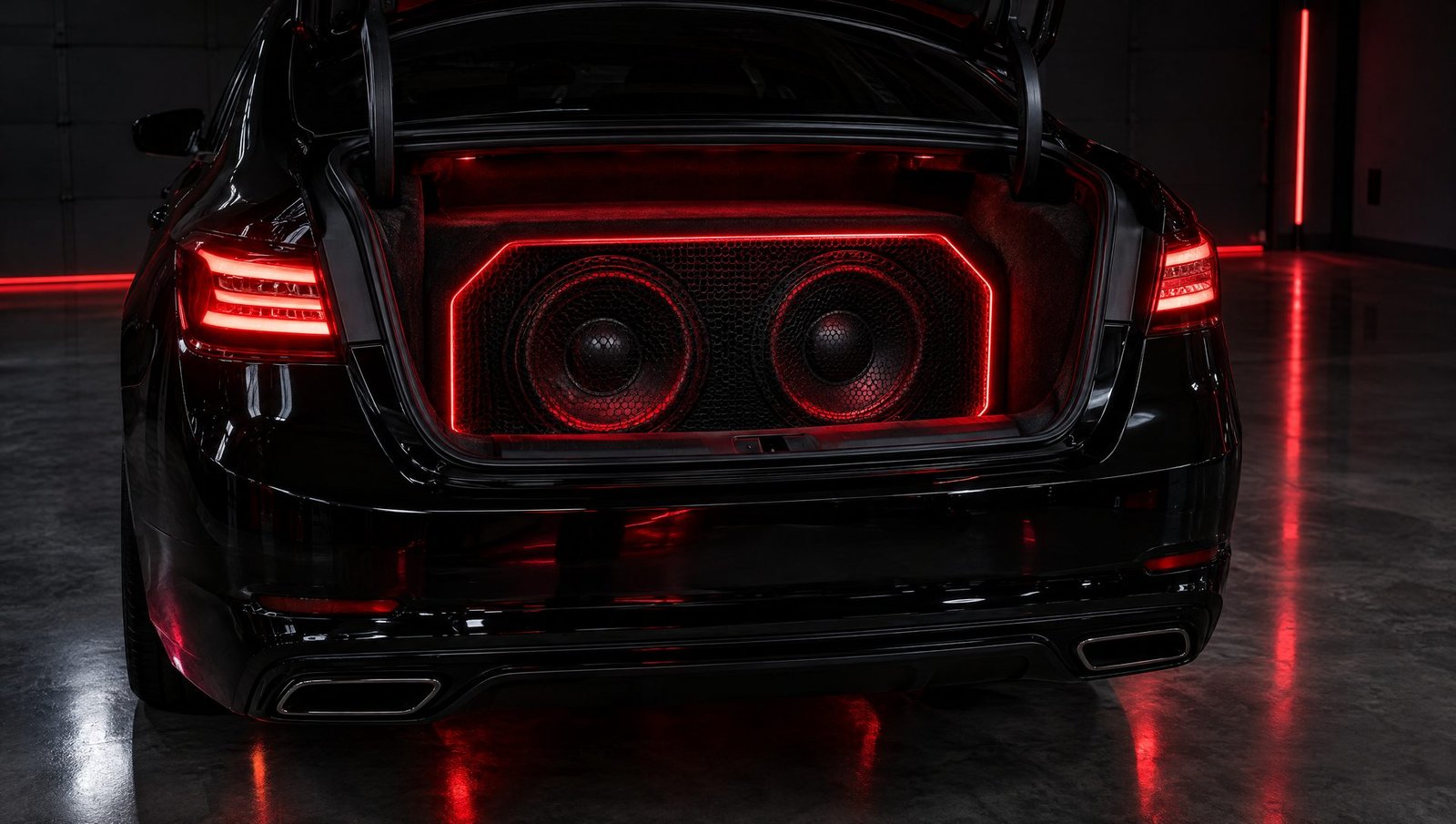 Dual subwoofer box with red LED outline in a sedan trunk